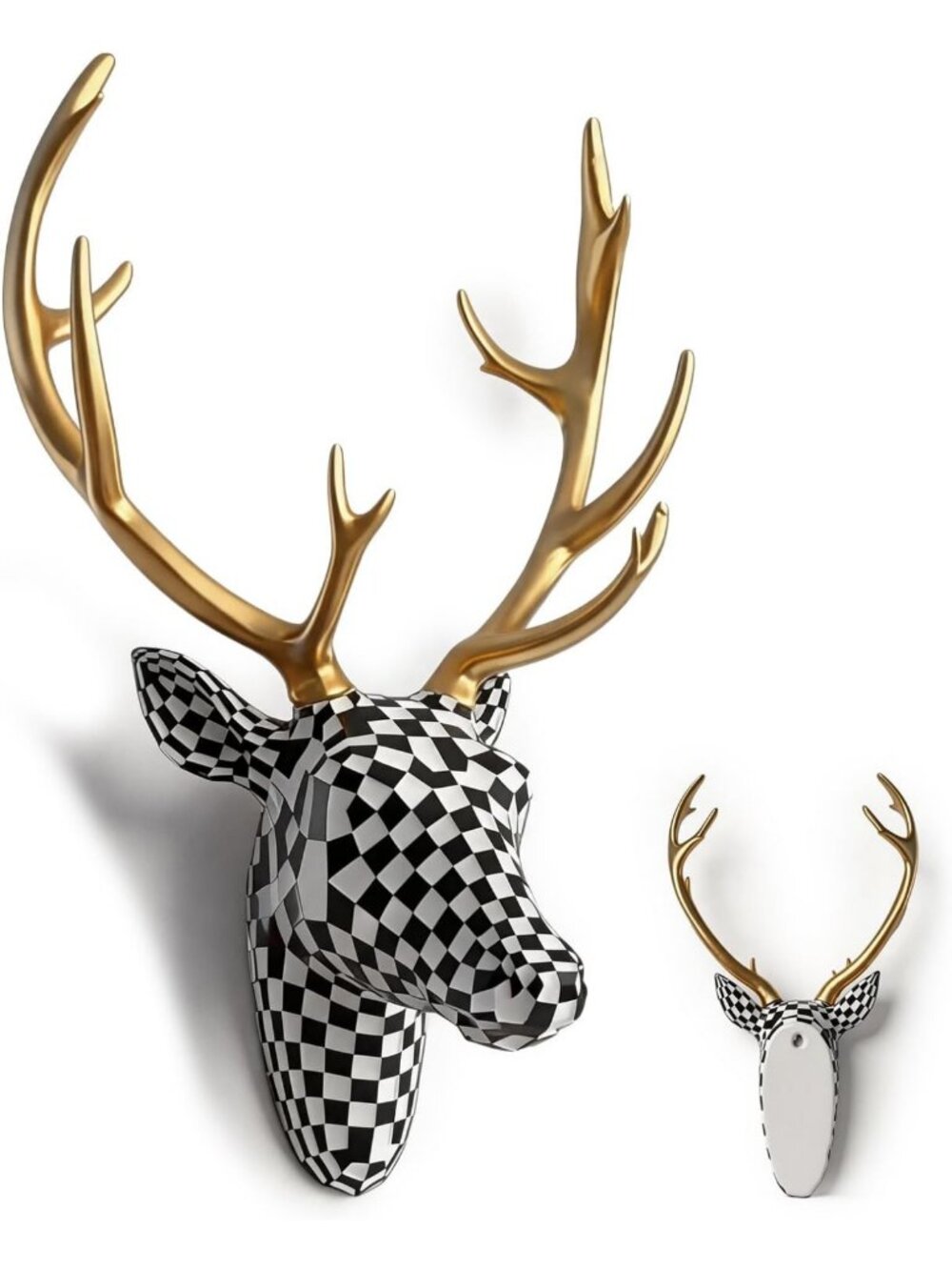 15.7x17 Inch Checkered Deer Head Wall Mount - 3D Animal Decor, Unique Art Piece